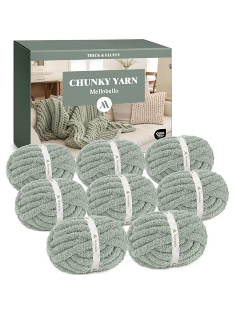 Jumbo Chunky Chenille Yarn Hand Knitting Crochet Bulky Fluffy Sage Green 8 Pack